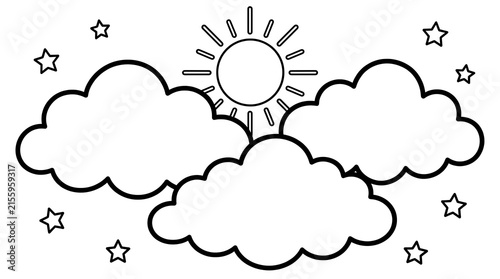 An old fashioned black and white illustration depicts a bright sun rising above soft fluffy clouds and sparkling twinkling stars