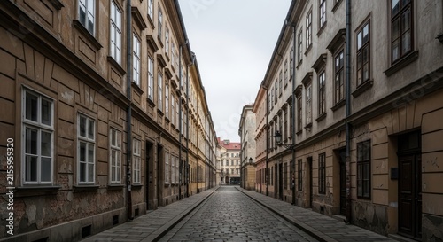 Narrow cobblestone street flanked by historic buildings under overcast sky, perspective view.