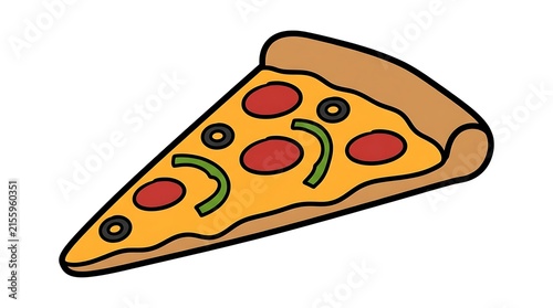 Bright colorful cartoon style illustration featuring a single delicious slice of pizza topped with pepperoni olives and vibrant green peppers