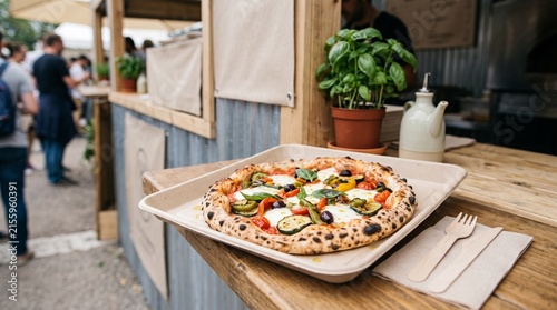 Pizzafest Naples fresh Neapolitan vegetable pizza with mozzarella, basil and roasted vegetables served at rustic outdoor Italian food festival stall
