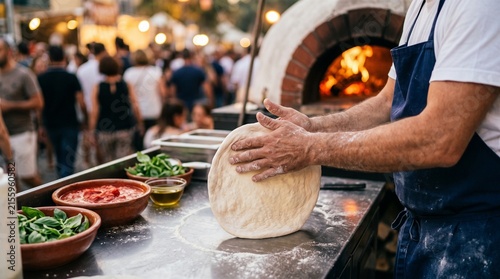 Pizzafest Naples pizza festival with pizzaiolo preparing fresh dough beside traditional wood fired oven at crowded Italian street food event