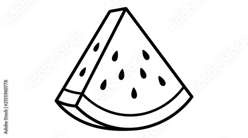 Simple black and white line drawing of a single slice of watermelon with seeds on a white background