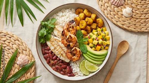 Healthy poke bowl with salmon avocado and fresh vegetables . Caribbean food bowls