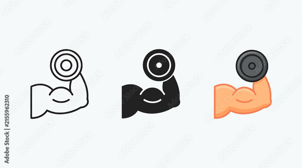 Fototapeta premium Strong muscular arm with dumbbell icon set in line, solid, and flat color styles for fitness, gym, and health branding
