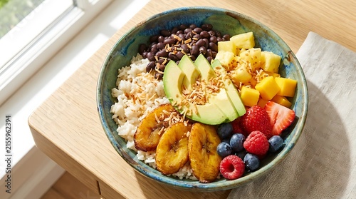 Healthy fresh fruit breakfast bowl with yogurt 
Caribbean food bowls