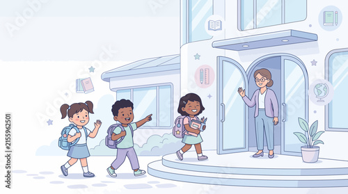 A friendly teacher welcoming a diverse group of happy young elementary school students at the entrance.
