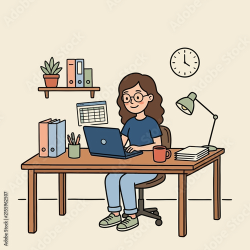 A cute cartoon illustration of a young woman working on her laptop at a wooden desk in a cozy home.



