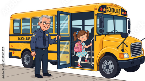 Cartoon illustration of a friendly school bus driver helping a young elementary school girl with a bus.
