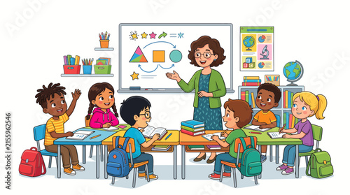 A smiling teacher lecturing diverse elementary students in a bright classroom while children study.

