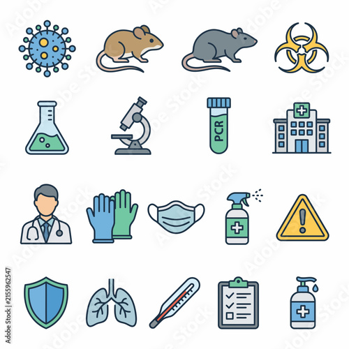 Set of medical and laboratory science icons including virus mouse biohazard equipment doctor protect.
