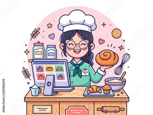 Cute smiling female baker with chef hat working in a bakery shop kitchen behind a counter with fresh.
