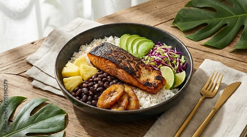 Grilled salmon bowl with rice and black beans on a table. Caribbean food bowls