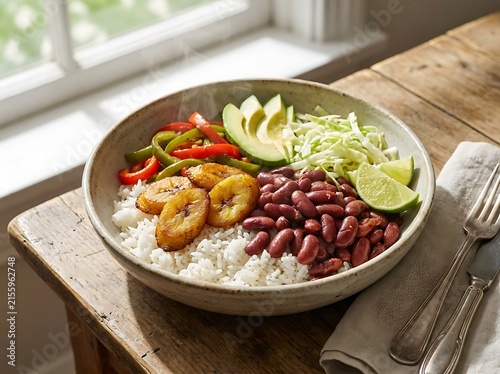 Healthy bowl of rice with red beans and fried plantains. Caribbean food bowls