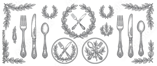 Vintage Cutlery and Laurel Wreath Graphic Elements