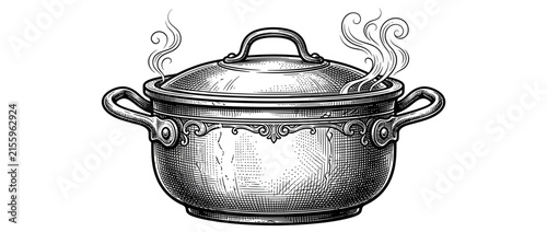 Vintage cooking pot with steam, hand-drawn illustration