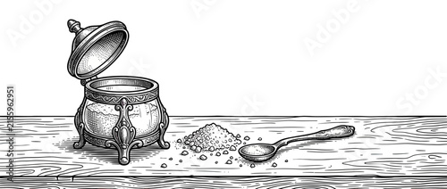 Vintage Salt Cellar with Spoon and Scattered Grains