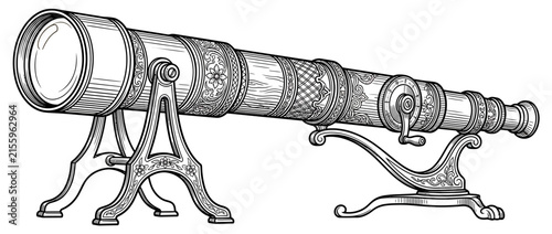 Vintage telescope on stand, engraved detail, scientific instrument