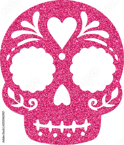 Sparkling pink glitter sugar skull with heart and floral cutout details, inspired by traditional Day of the Dead decorative art.