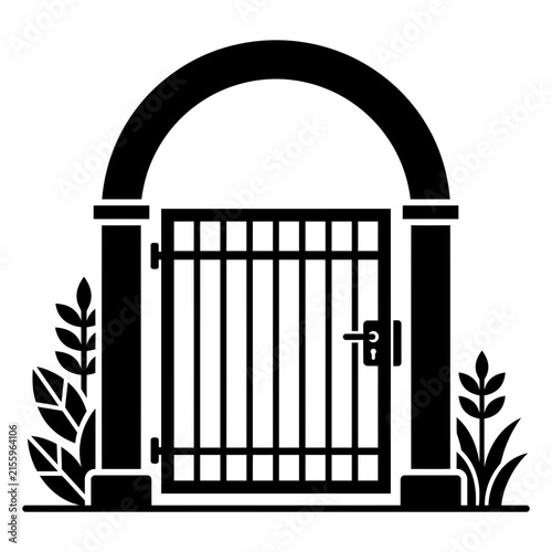 Black Arch Gate Vector Illustration. Garden Entrance Symbol. Abstract Villa Doors Icon. Decorative Metal Fence Design for Web and Print Layouts