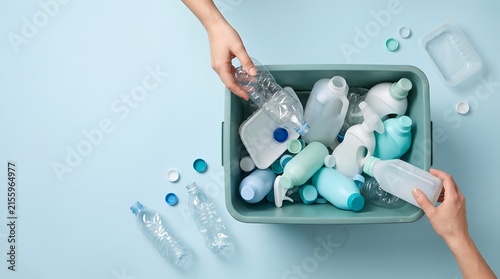 Hands sorting plastic waste into a recycling bin