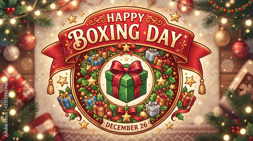 Happy Boxing Day greeting card with green gift and wreath illustration