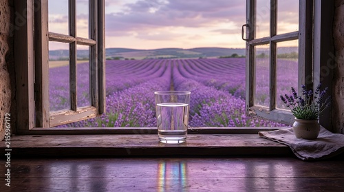 Glass of Fresh Water on Rustic Wooden Windowsill Overlooking a Blooming Purple Lavender Field at Sunset