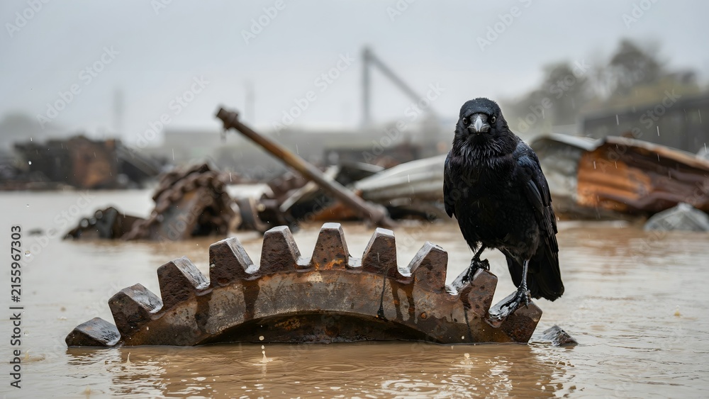 Naklejka premium Dark Raven Perched on Rusty Gear Amidst Flooded Industrial Scene