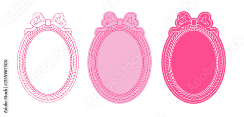 Set of three vector elegant oval decorative frames with bows in pink tones, featuring ornate vintage borders and feminine coquette aesthetic. Ideal for wedding invitations, birthday cards, baby shower