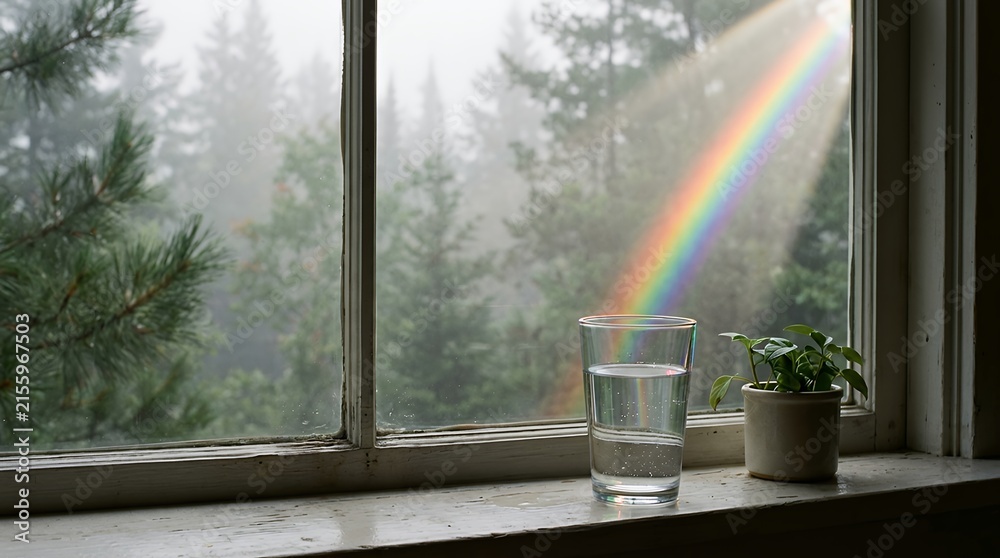 Fototapeta premium Fresh glass of water and green plant on windowsill with misty pine forest and rainbow refraction
