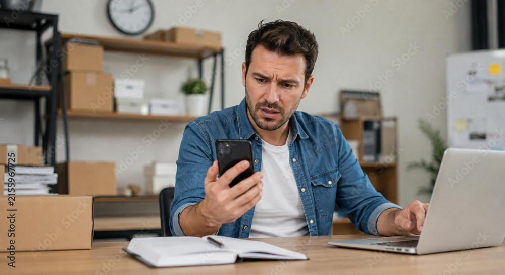 Fototapeta premium Small business cybersecurity concepts with phishing, data breach, ransomware, online scams, identity theft, cyber attacks and digital security in modern workplace