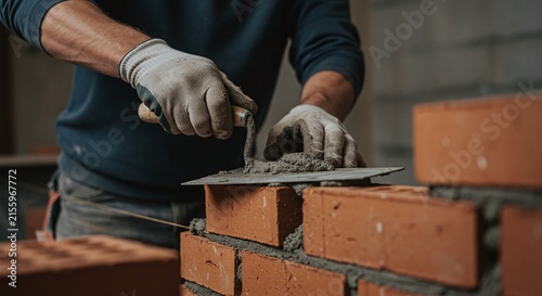Bricklayer applying a fresh layer of mortar to a brick wall with a trowel.Concept of traditional masonry and construction craftsmanship.