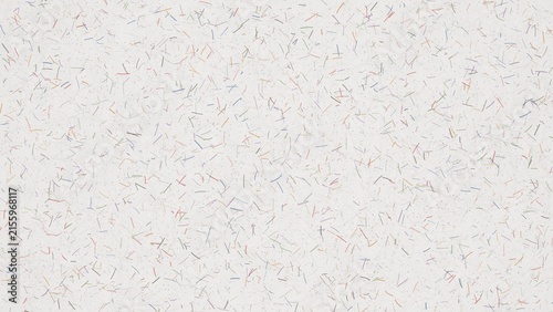 Abstract texture of white paper with scattered colorful fibers, confetti or small thread particles, creative background for design, art supplies, craft material, handmade paper surface