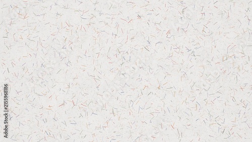 Abstract background texture of white paper with scattered colorful fibers and confetti, high resolution macro shot of handmade paper surface with multicolored inclusions