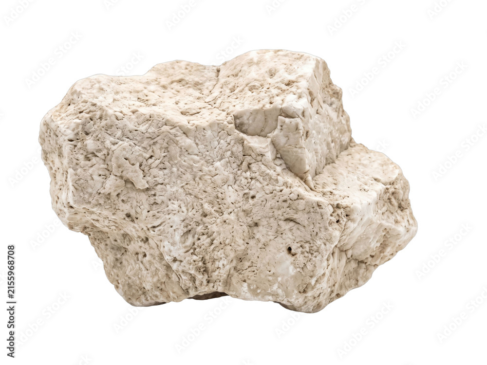 Obraz premium Rough textured off-white sedimentary rock specimen isolated on white background