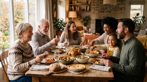 Multi-ethnic family enjoying holiday dinner with roasted turkey at home