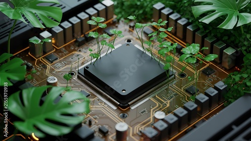 Microchip Circuit Board Surrounded by Green Leaves