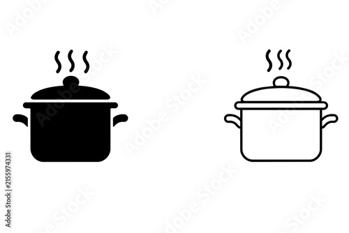 Cooking pot vector icons, steaming hot soup saucepan symbols, black silhouette and outline kitchenware signs for recipe apps ,Clean grouped each Icon