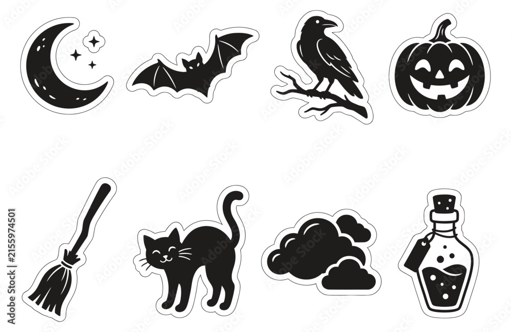 Obraz premium Set of cute black and white halloween stickers and icons