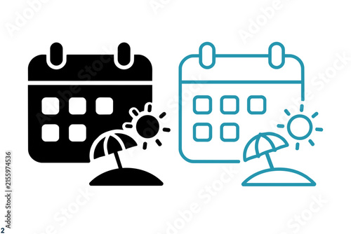 Summer vacation calendar icons, holiday planning schedule symbols, beach travel date organizer vector set, blue and black flat line art ,Clean grouped each Icon