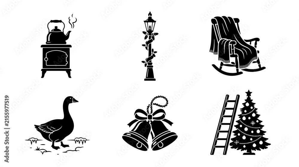 Naklejka premium Set of black and white winter holiday icons featuring a rocking chair, Christmas tree, bells, goose, stove, and lamp post for seasonal graphic design projects isolated on transparent background