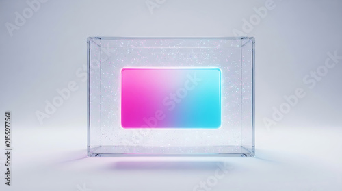 Neon fintech card glowing in transparent chamber