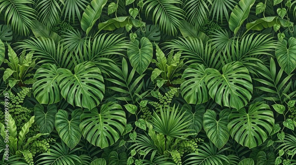 Seamless Tropical Jungle Pattern with Lush Green Monstera and Palm Leaves.