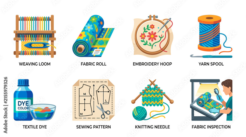 Naklejka premium Crafting and textile vector graphics illustrating traditional handmade processes and sewing supplies.