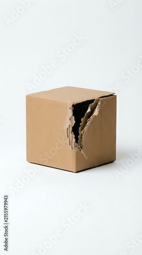 Damaged cardboard box with large torn hole revealing dark interior