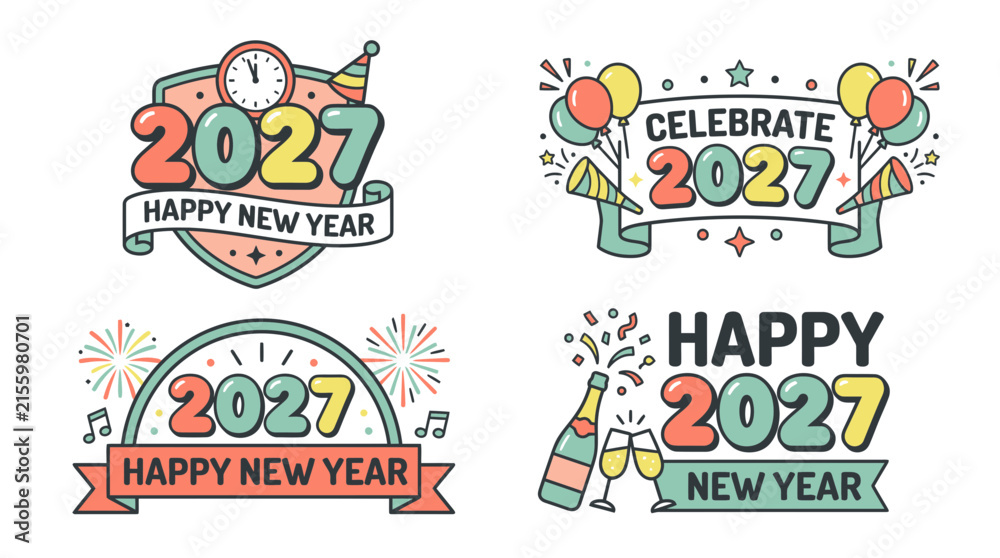 Naklejka premium Set of colorful hand drawn 2027 happy new year badges and emblems.