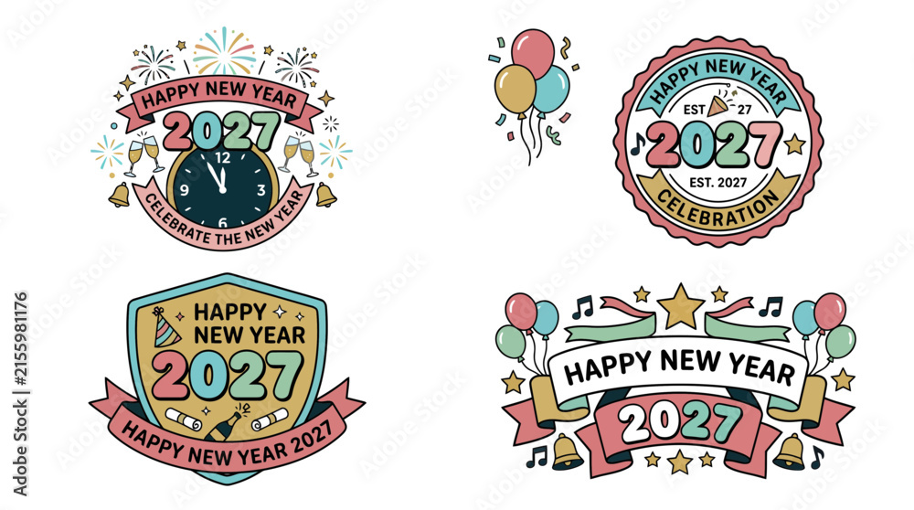 Naklejka premium Set of four colorful hand drawn Happy New Year 2027 celebration badge designs 1.
