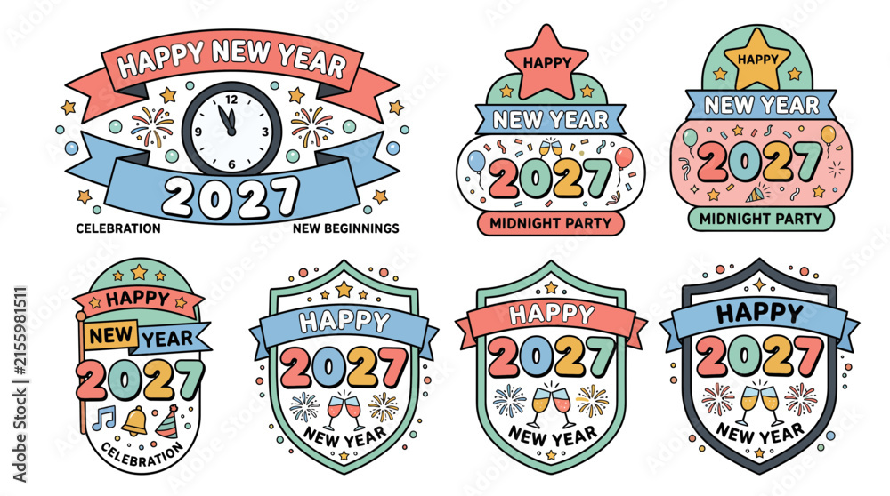 Naklejka premium Set of Happy New Year 2027 Celebration Badges and Labels.