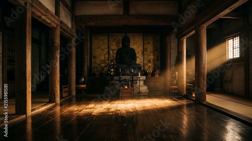Serene Sunlight Illuminating a Buddha Statue in a Traditional Japanese Temple Interior