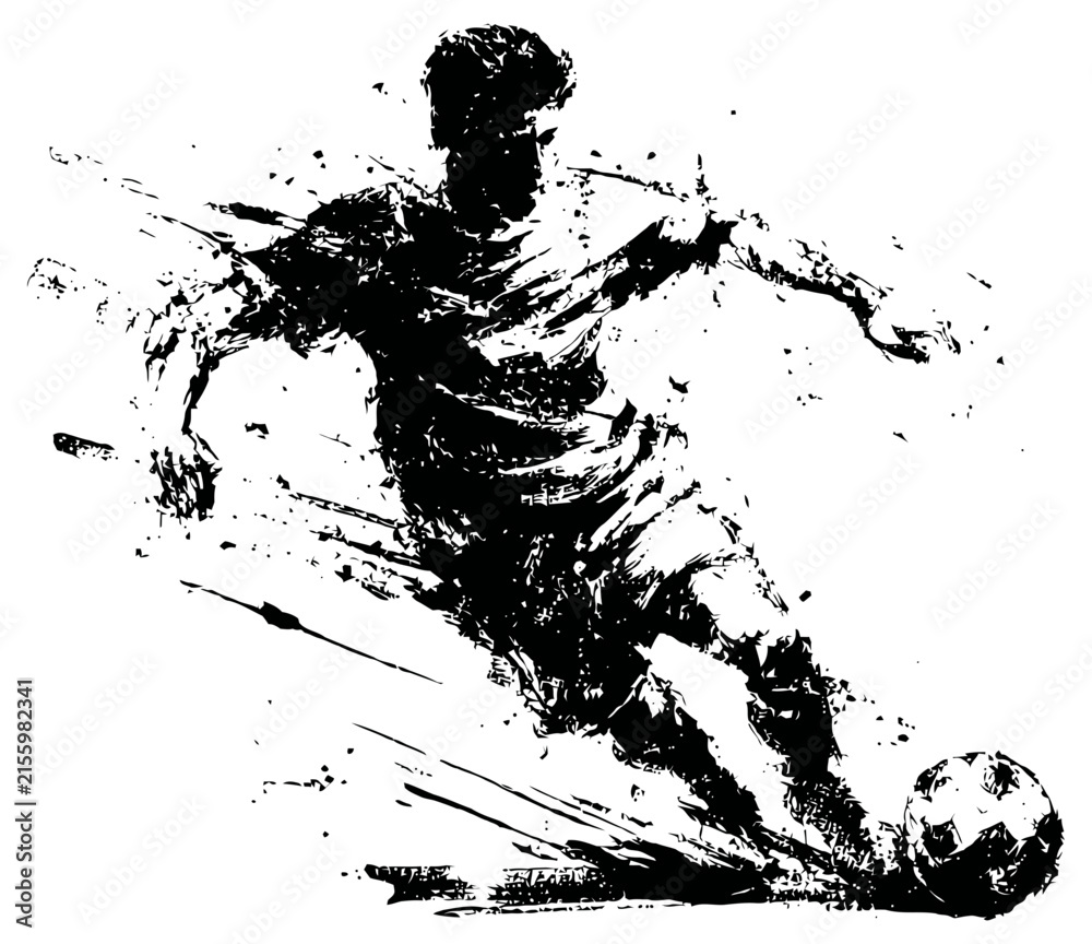 Fototapeta premium dynamic black ink silhouette of a soccer player kicking ball in motion splash art