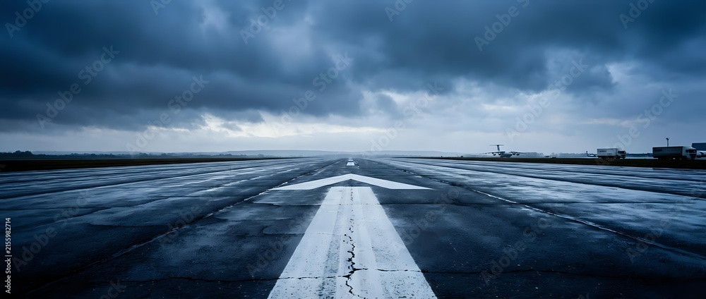 Obraz premium Empty airport runway stretching toward horizon under stormy sky